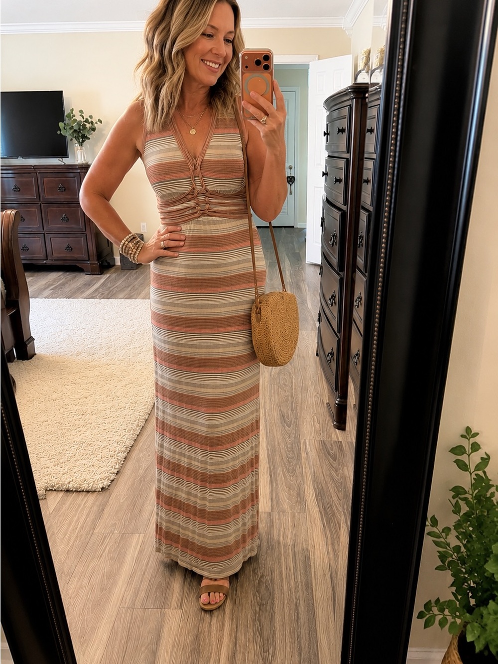 Studio M Striped Maxi Dress in Rust and Cream Size Medium